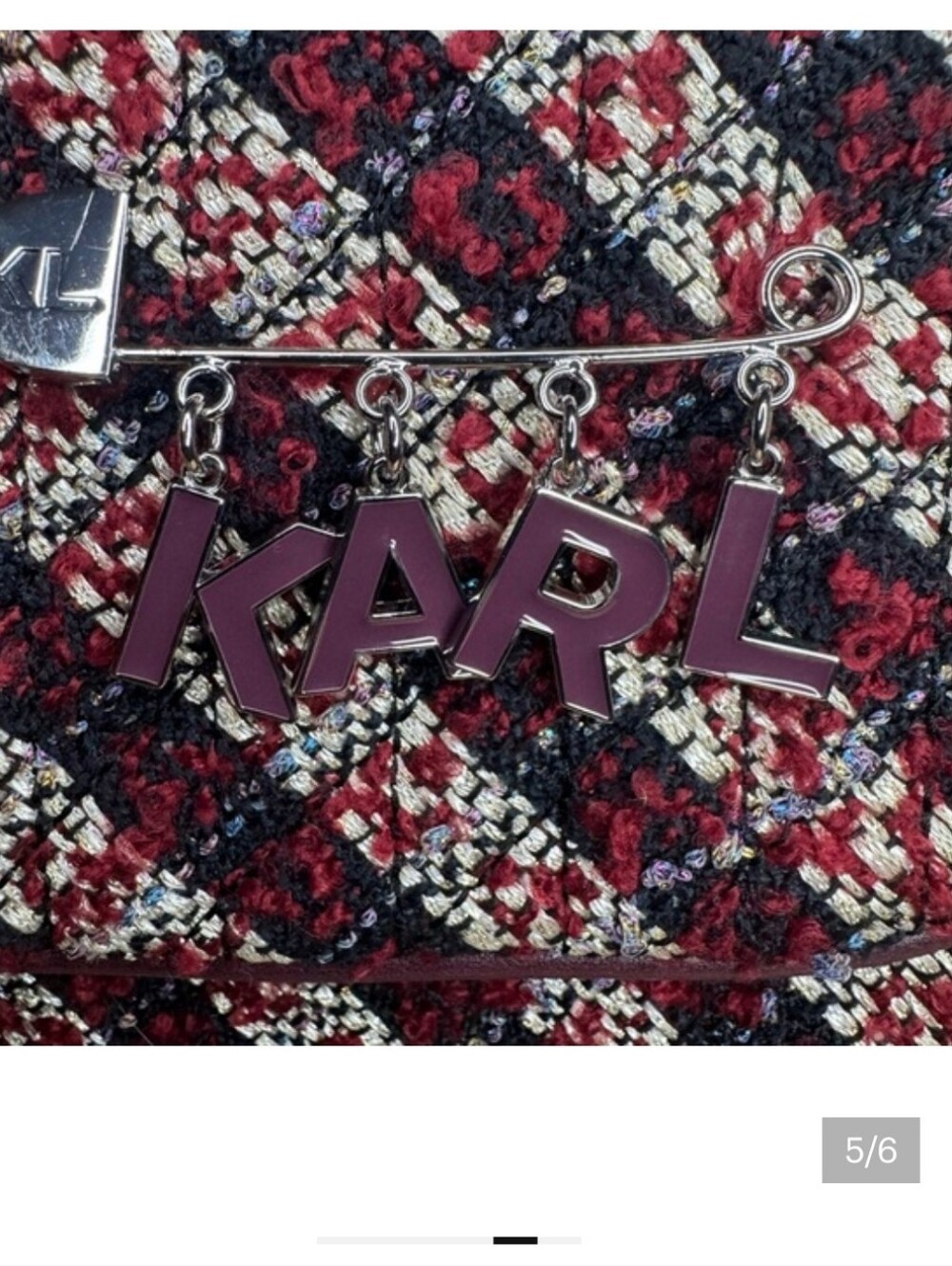 Karl Lagerfeld Burgundy Tweed Chain Shoulder Bag with Silver Hardware - Picture 3 of 10